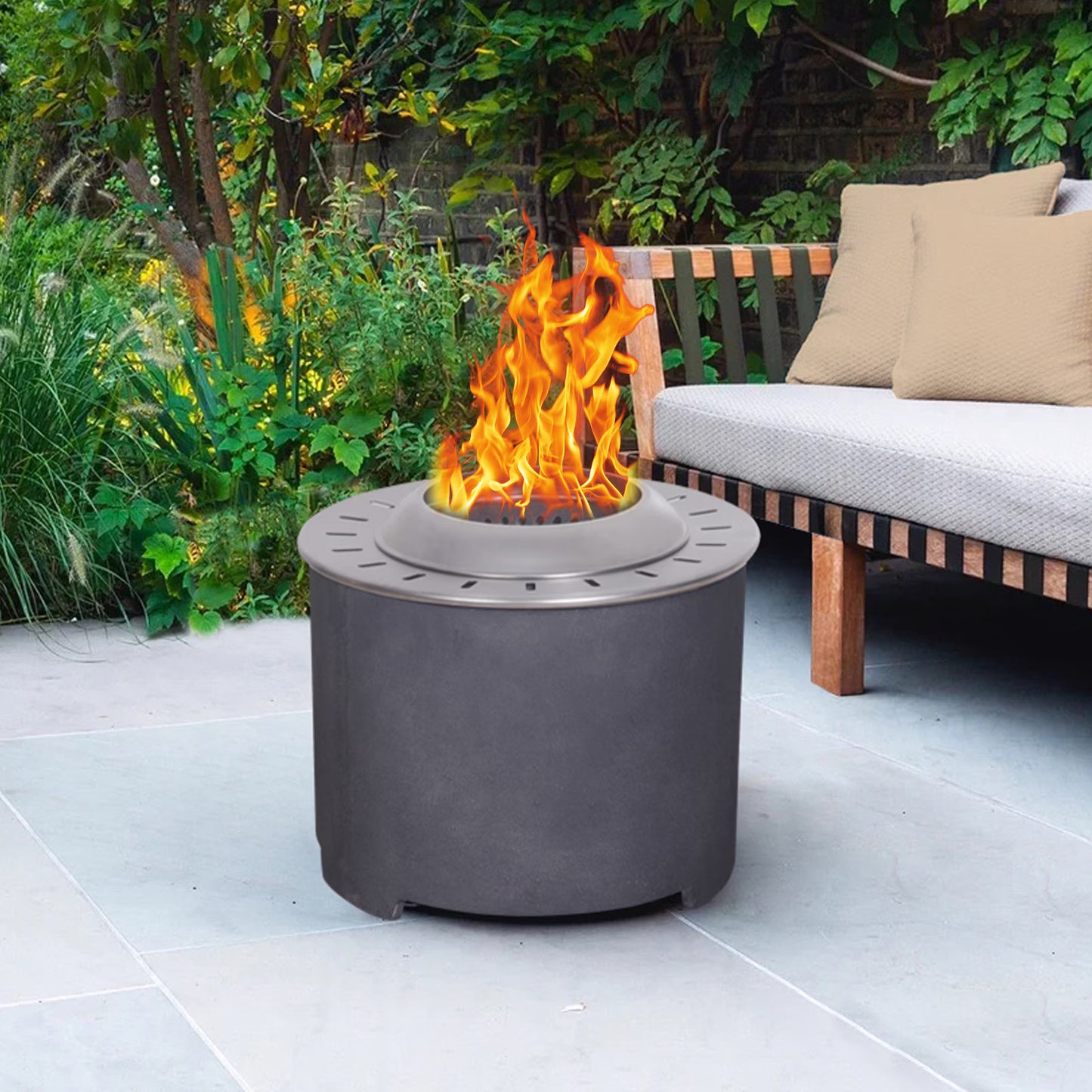 20.5 Inch X 15 Inch Dark Grey Faux Concrete Texture Smokeless Firepit With Wood Pellet Twig Wood As The Fuel